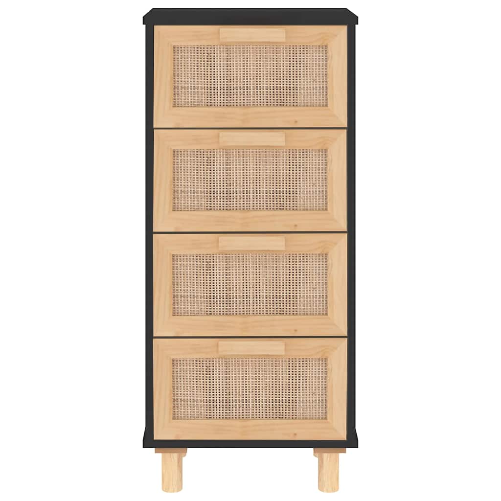 Credenza Nera 40x30x90 cm Legno Massello Pino e Rattan Naturale