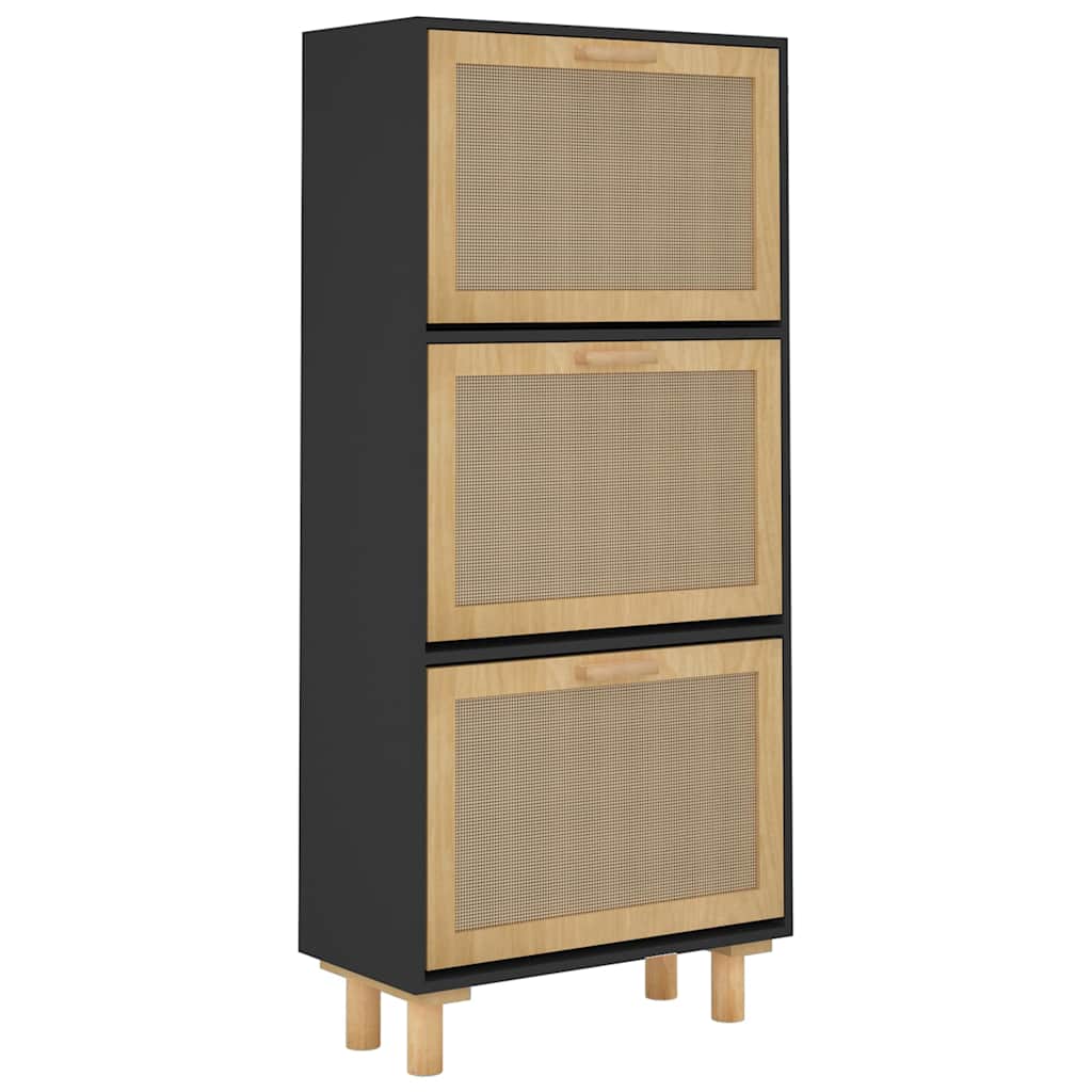 Scarpiera Nero 52x25x115cm Legno Multistrato e Rattan Naturale