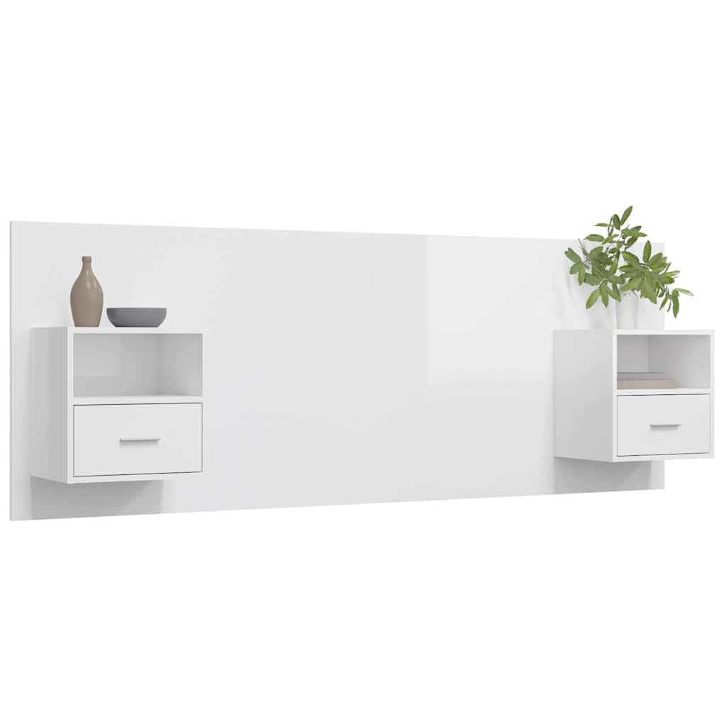 Testiera Letto con Comodini Bianco Lucido in Legno Multistrato