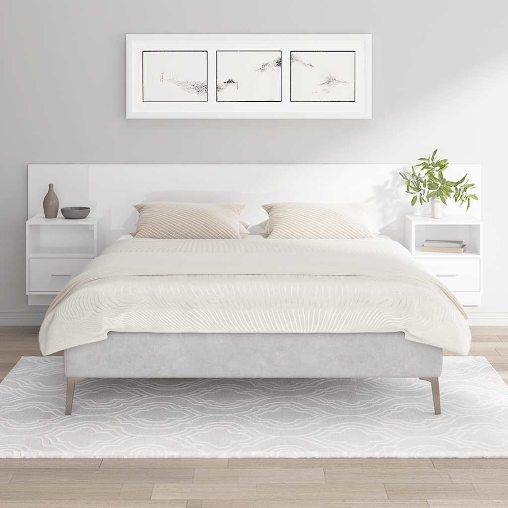 Testiera Letto con Comodini in Legno Multistrato Bianco Lucido