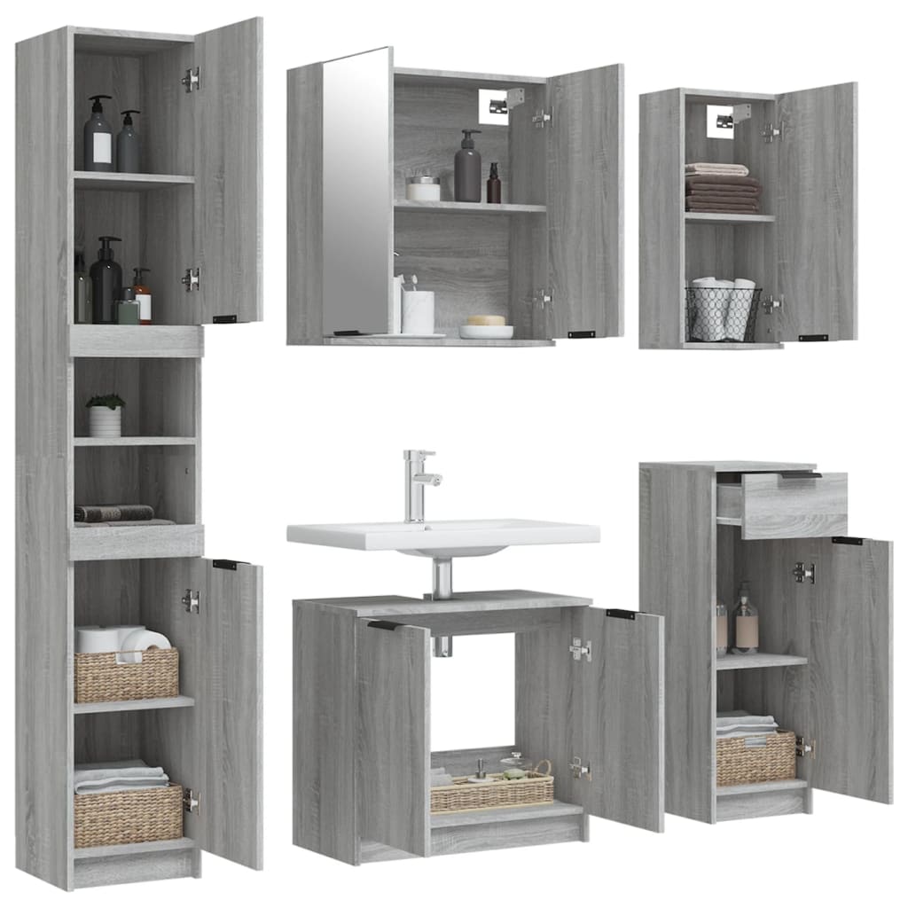 Set Mobili da Bagno 5 pz Grigio Sonoma in Legno Multistrato