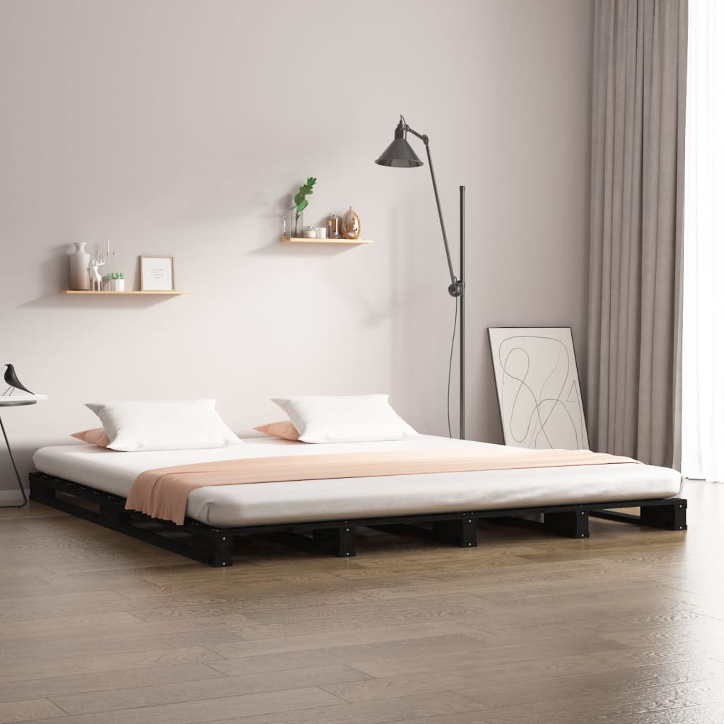 Letto a Pallet Nero 180x200 cm Super King in Legno Massello