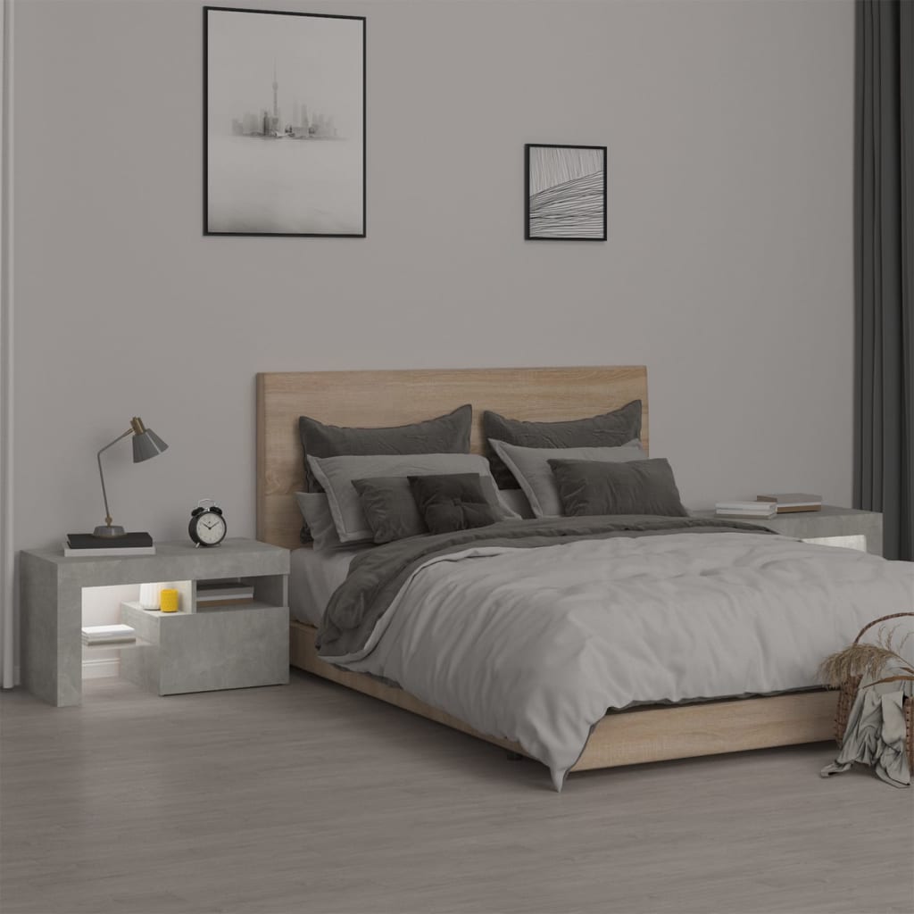 Comodini 2 pz con Luci a LED Grigi Cemento 70x36,5x40 cm
