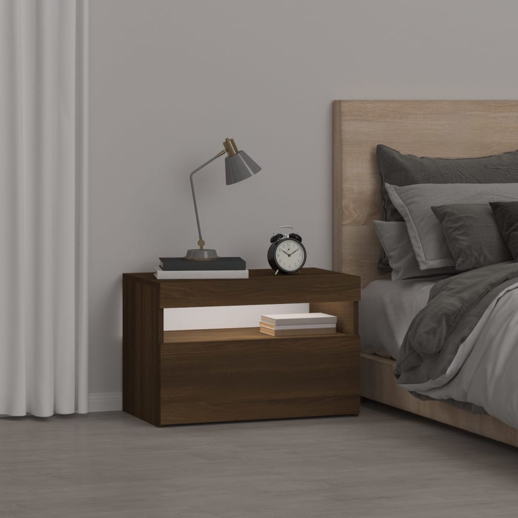 Comodino con Luci LED Rovere Marrone 60x35x40 cm