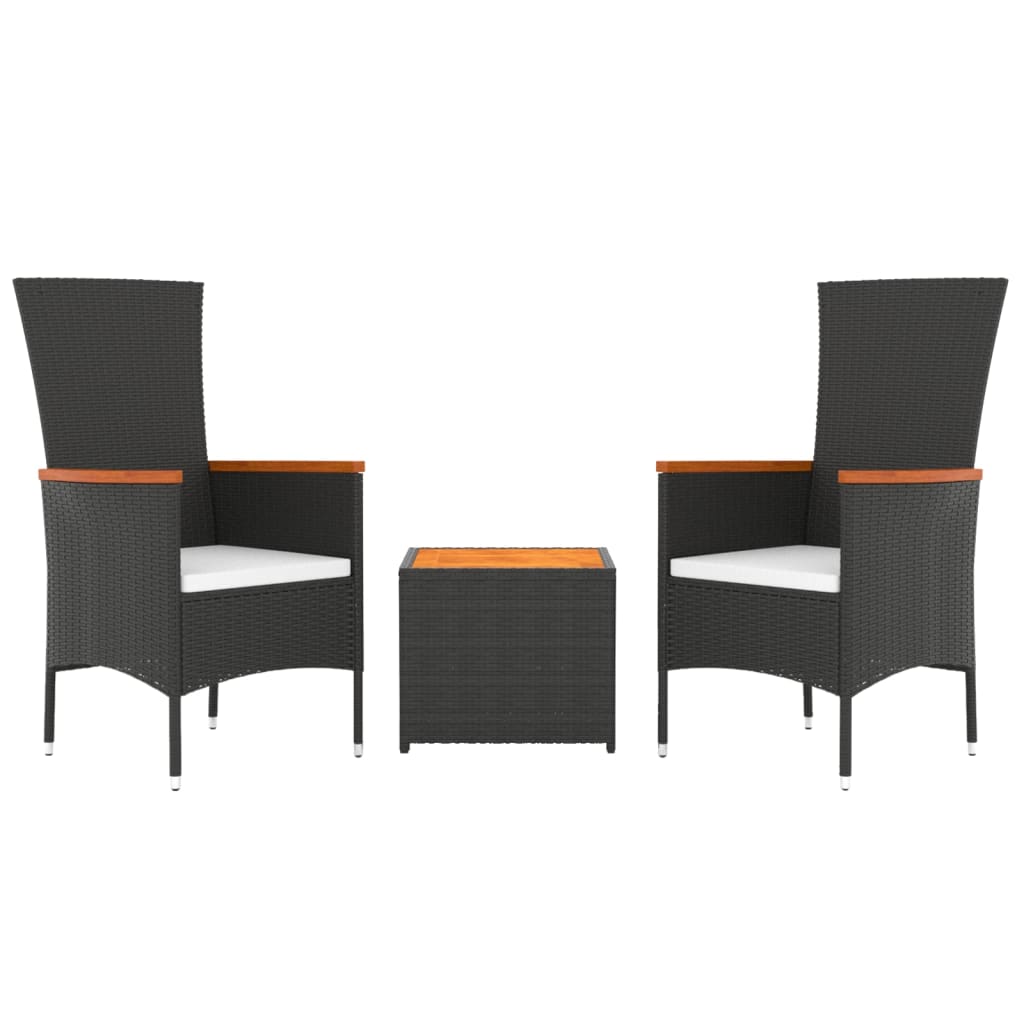 Set Mobili Giardino 3pz Nero Polyrattan e Legno Massello Acacia