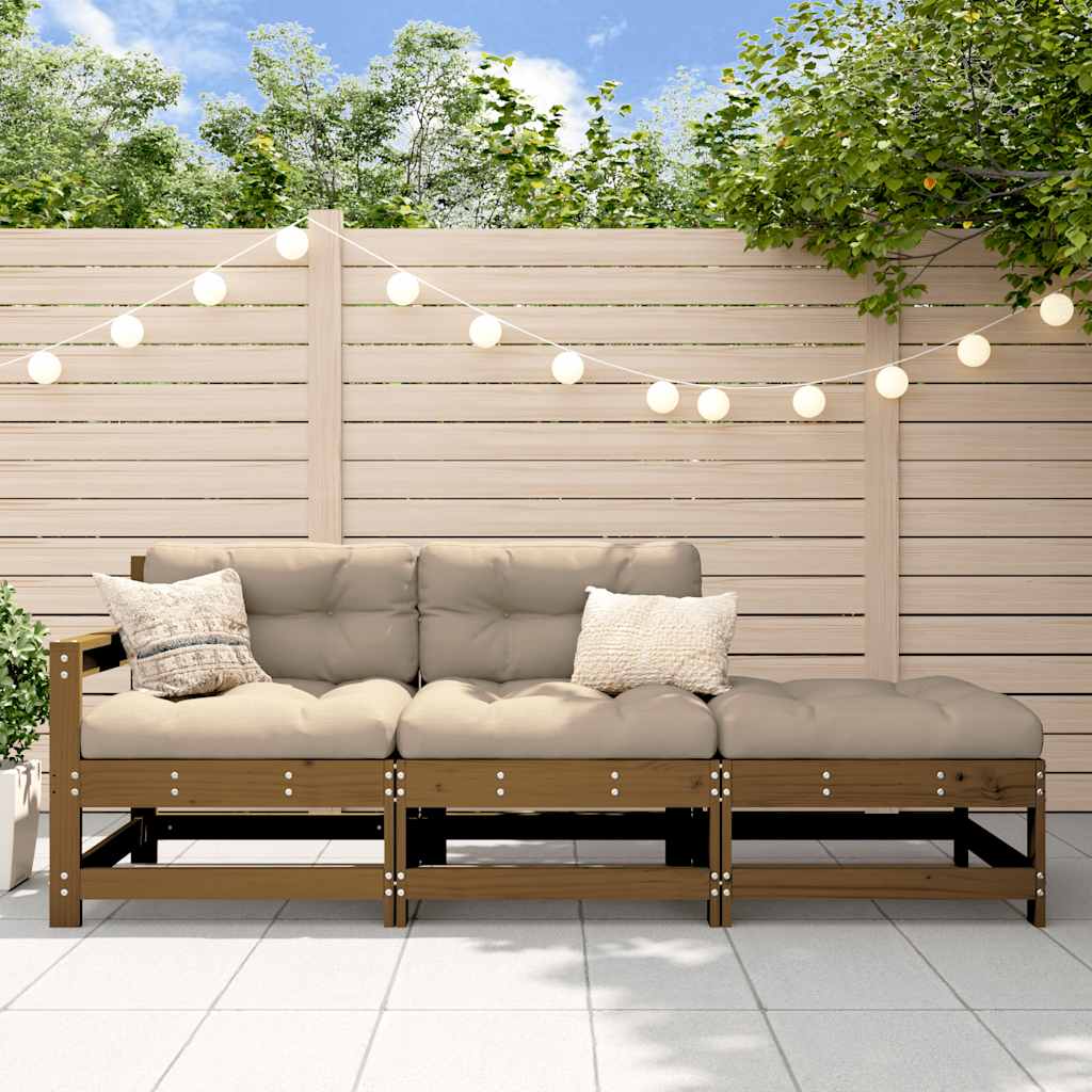 Set Divani da Giardino 3 pz con Cuscini in Legno Massello Ambra