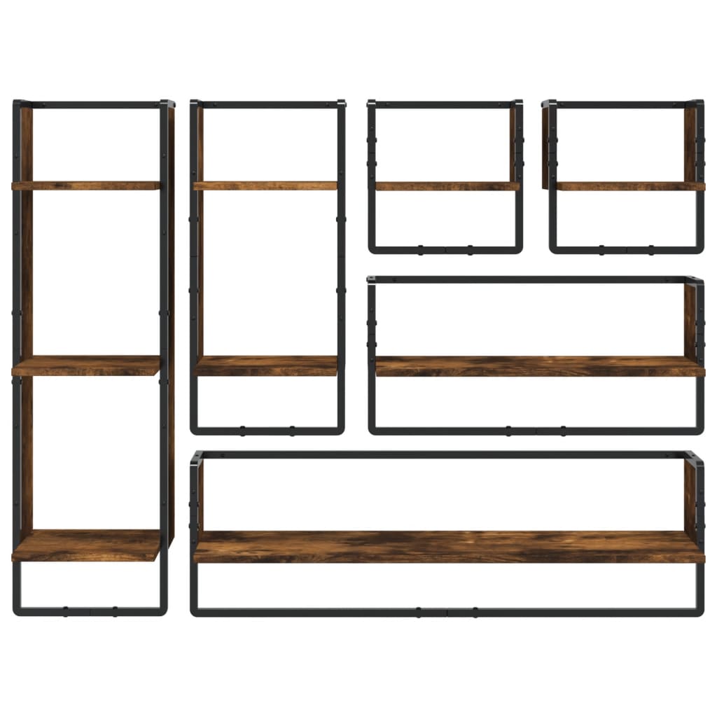 Set Mensole Parete con Aste 6pz Rovere Fumo Legno Multistrato