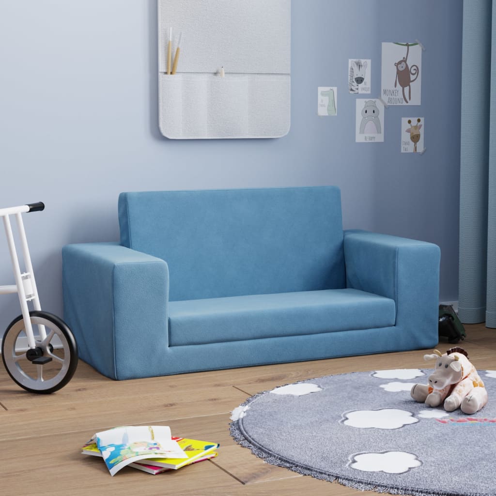 Divano Letto per Bambini a 2 Posti Blu in Morbido Peluche