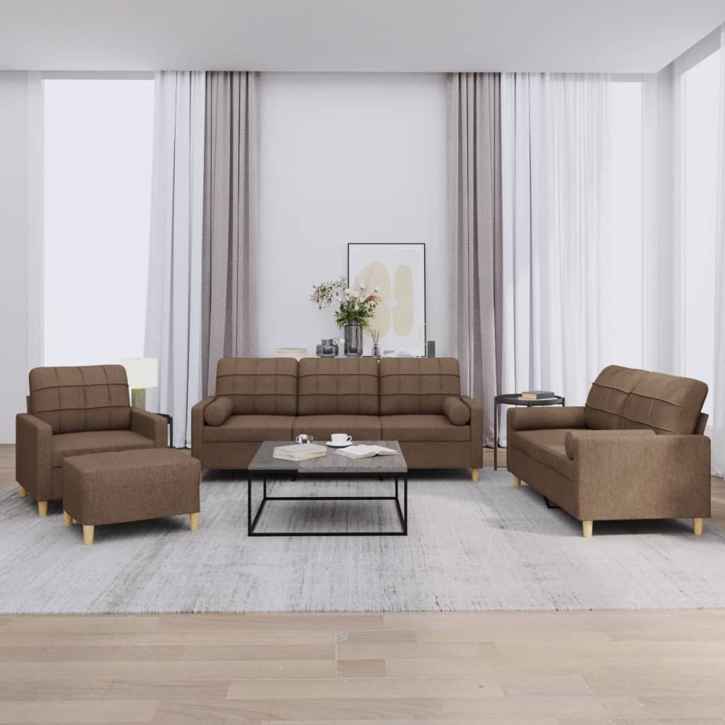 Set di Divani 4 pz con Cuscini Marrone in Tessuto
