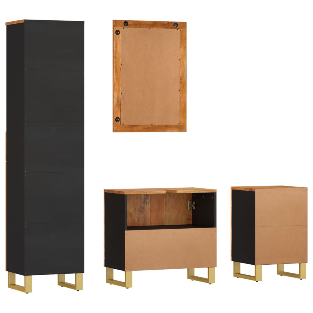 Set Mobili da Bagno 4pz Marrone e Nero Legno Massello di Mango