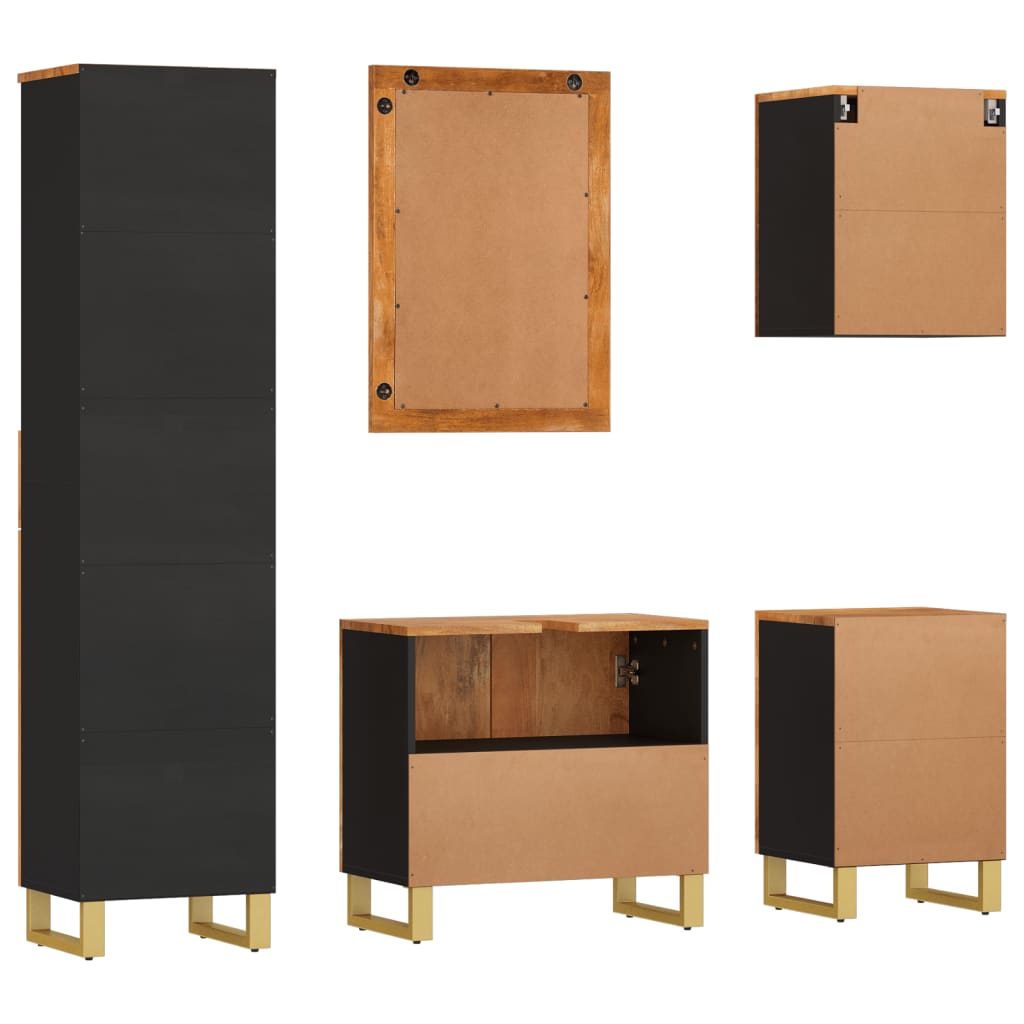 Set Mobili da Bagno 5pz Marrone e Nero Legno Massello di Mango