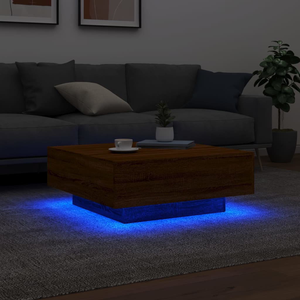 Tavolino da Soggiorno con Luci LED Rovere Marrone 80x80x31 cm