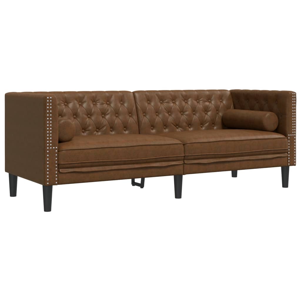 Divani Chesterfield 3pz Cuscini Marrone Similpelle Scamosciata