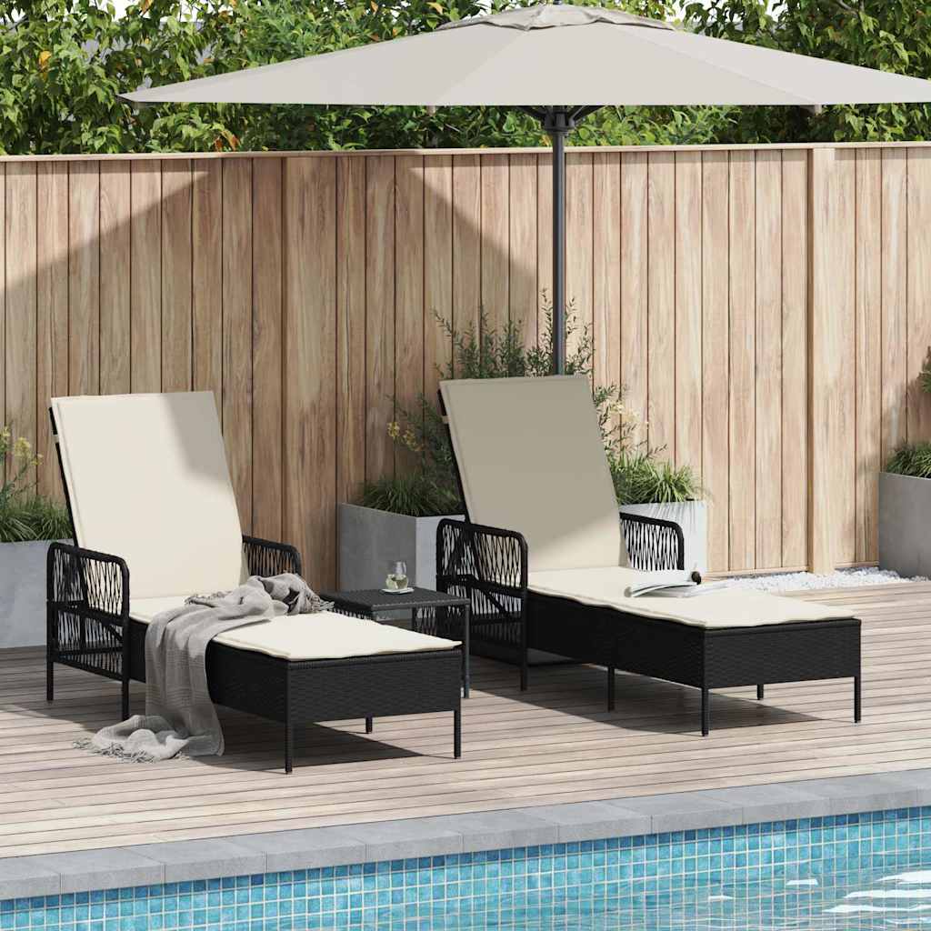 Lettino da sole 2-persona 3 pcs Nero e Bianco Crema polyrattan