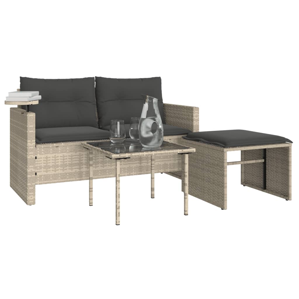 Set Divano da Giardino 3pz con Cuscini Grigio Chiaro Polyrattan