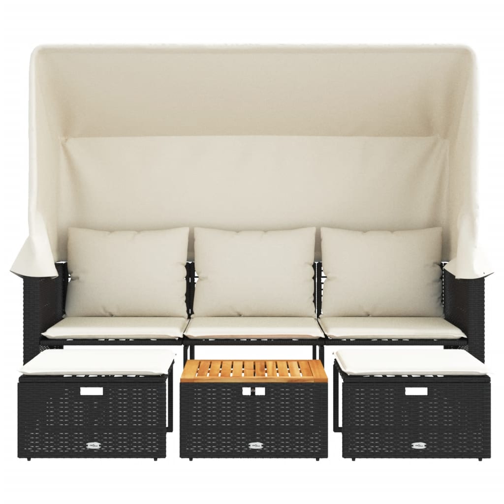 Divano Giardino 3 Posti Baldacchino e Sgabelli Nero Polyrattan