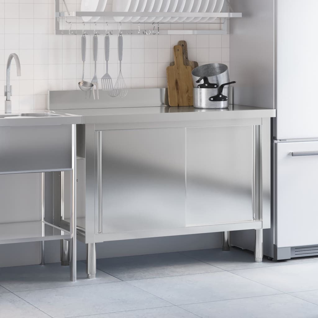 Tavolo da Lavoro per Cucina con Ante Scorrevoli in Acciaio Inox