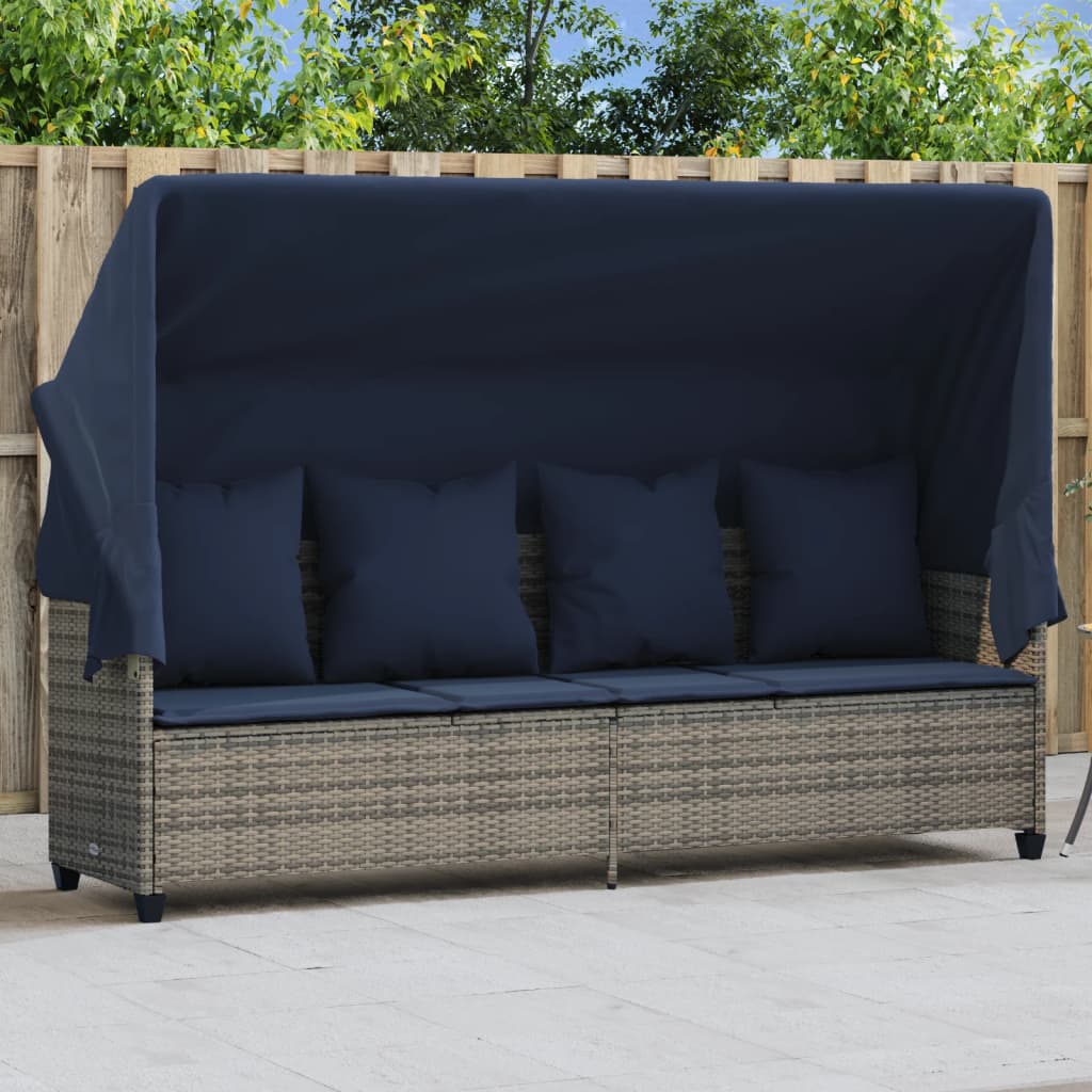 Lettino Prendisole con Baldacchino e Cuscini Grigio Polyrattan