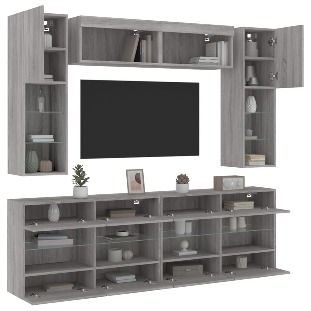 Set Mobili TV a Muro 6 pz con Luci LED Grigio Sonoma