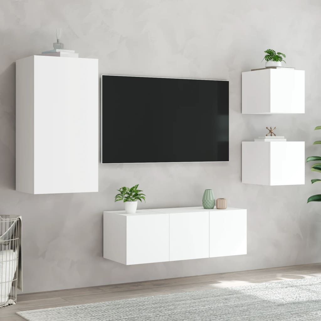 Mobili TV a Muro con LED 5pz Bianchi in Legno Multistrato