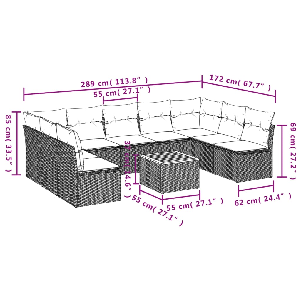 Set Divani da Giardino 10 pz con Cuscini Nero in Polyrattan