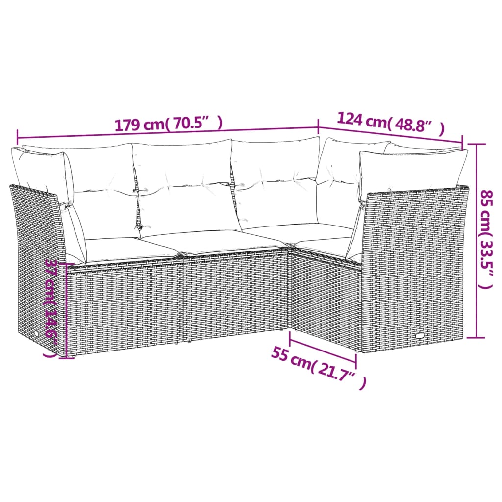 Set Divani da Giardino 4 pz con Cuscini Grigio in Polyrattan