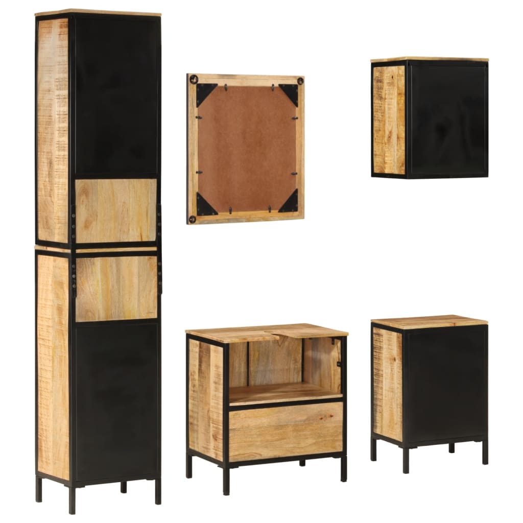 Set Mobili da Bagno 5 pz in Ferro e Legno Massello di Mango