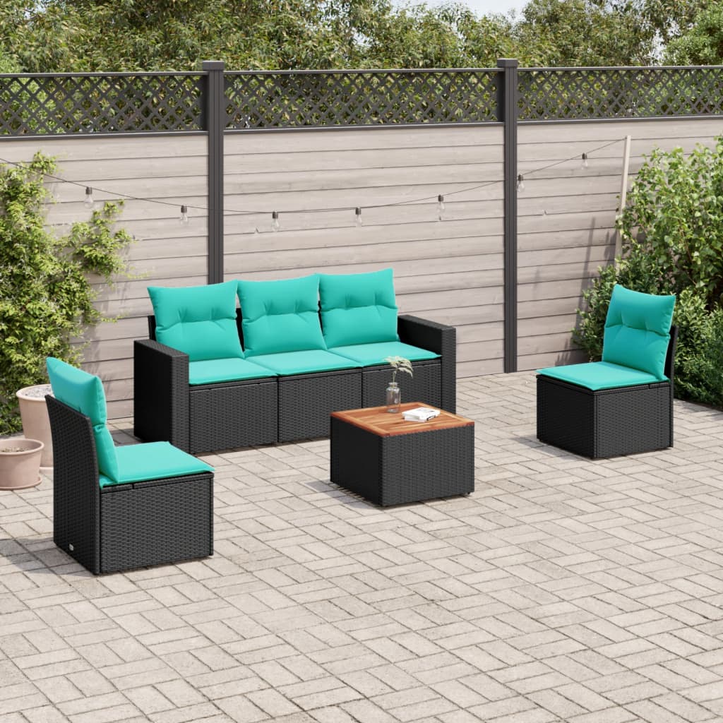 Set Divani da Giardino 6 pz con Cuscini Nero in Polyrattan