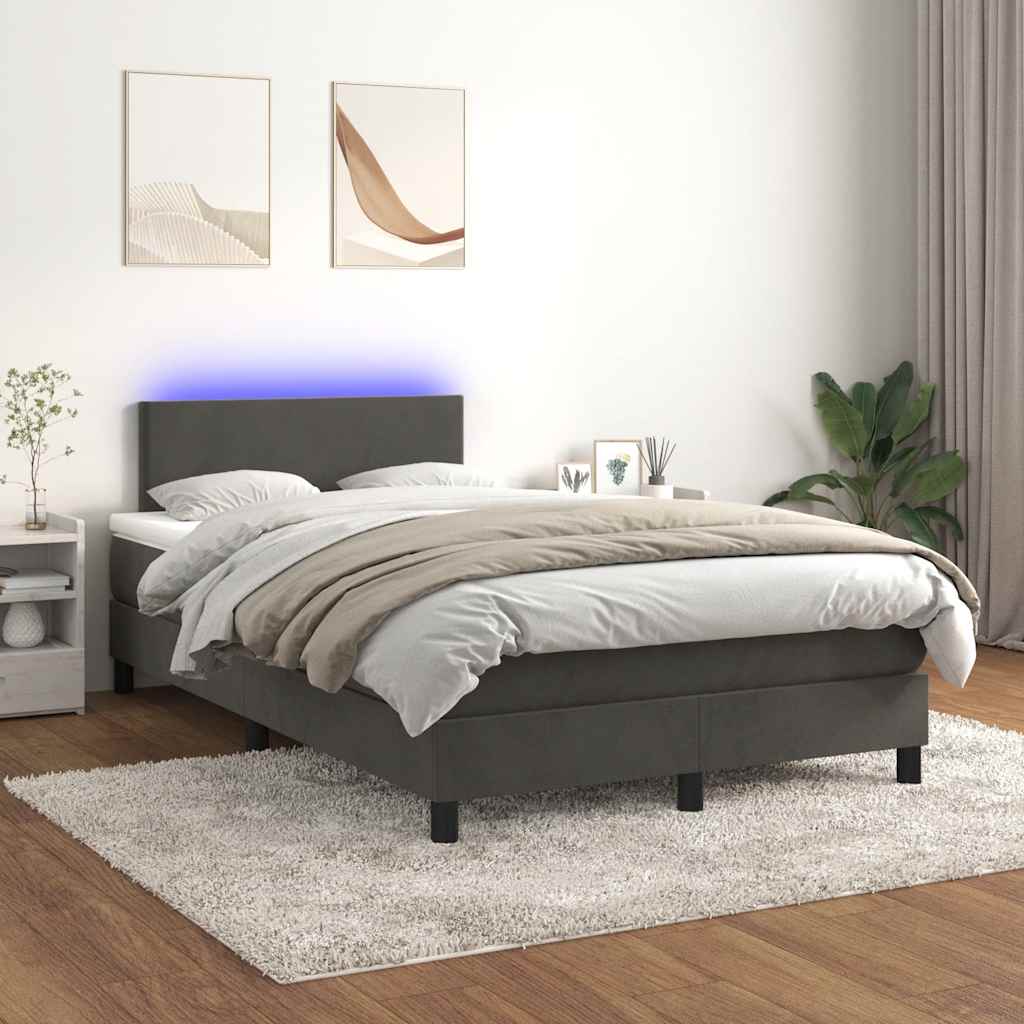 Letto a Molle con Materasso e LED Grigio Scuro 120x190cm in Velluto