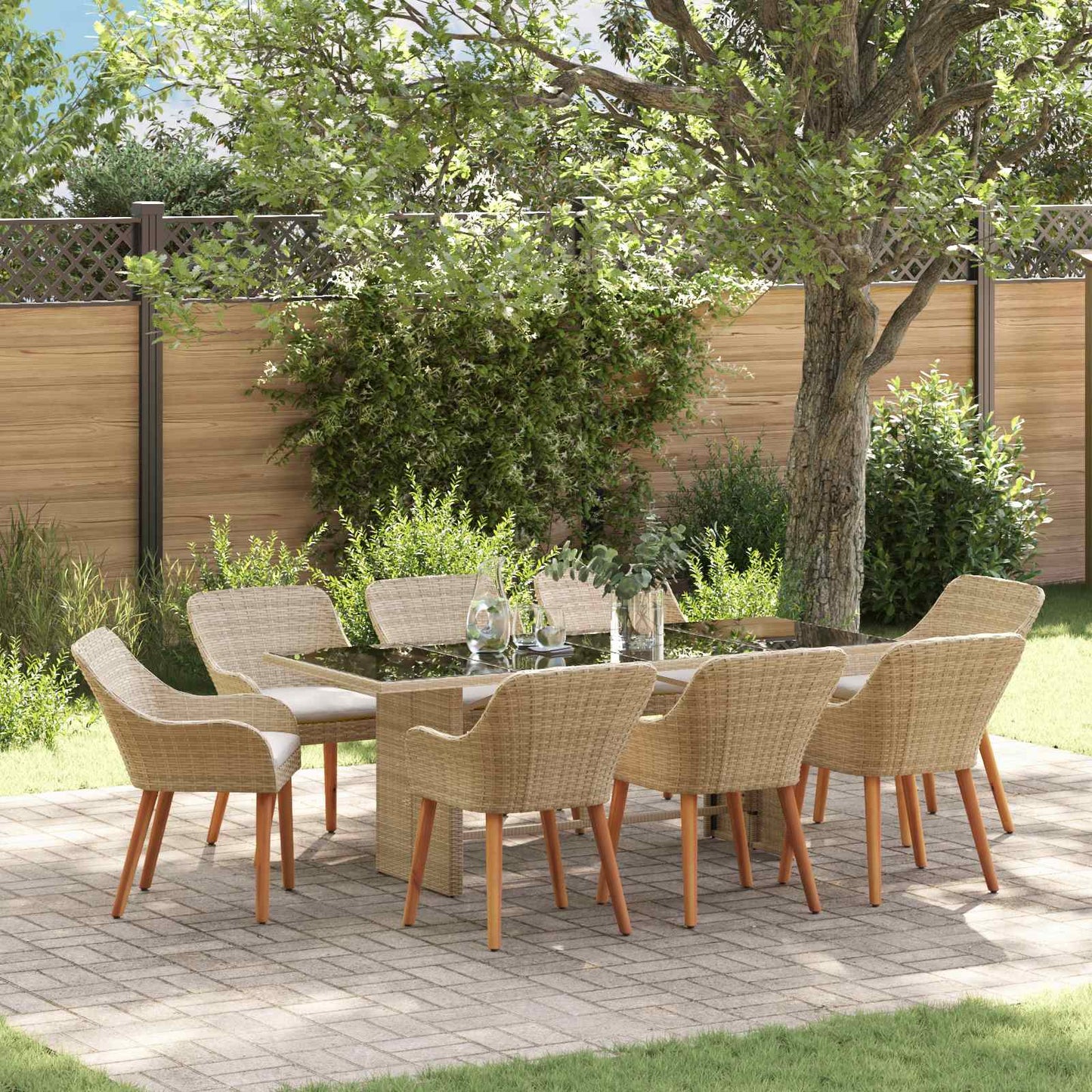 Set da Pranzo per Giardino con cuscino 9 pcs Beige polyrattan