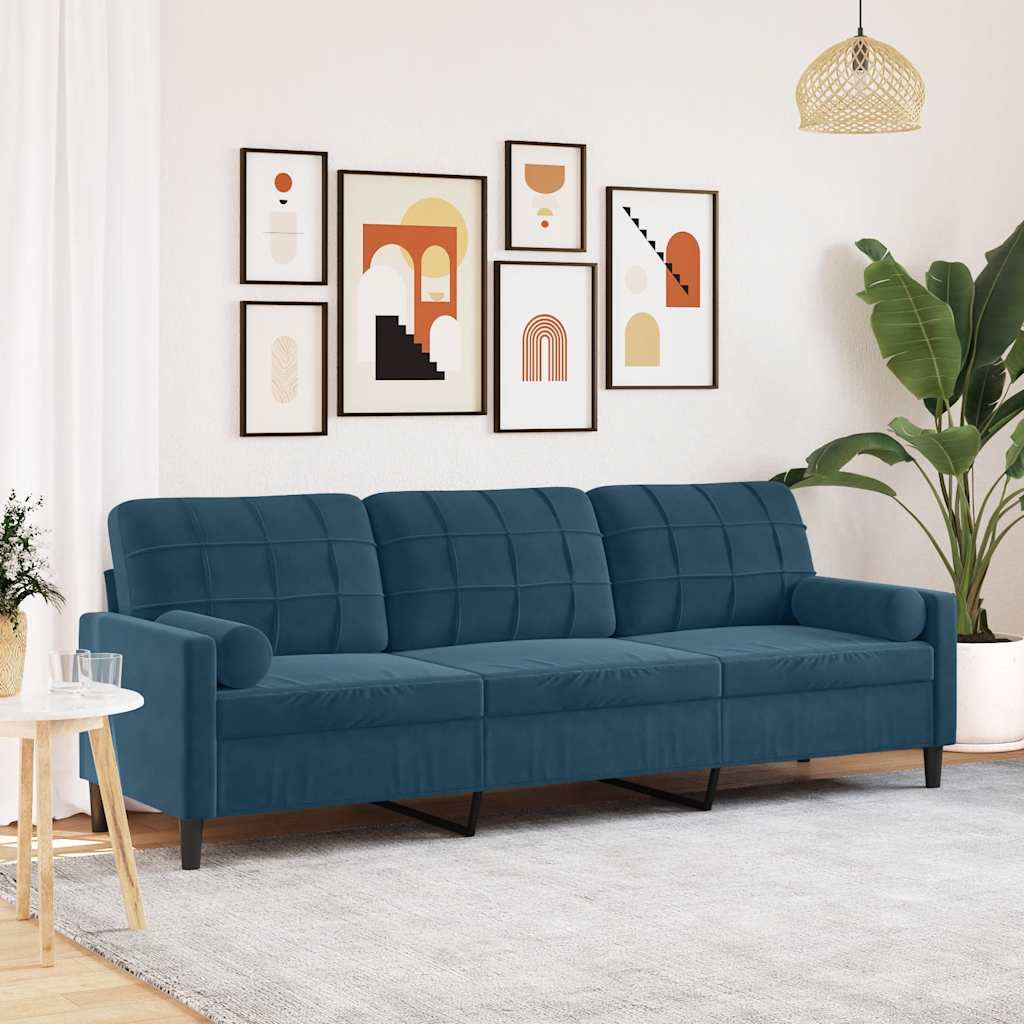 Divano a 3 Posti con Cuscini Blu 210 cm in Velluto