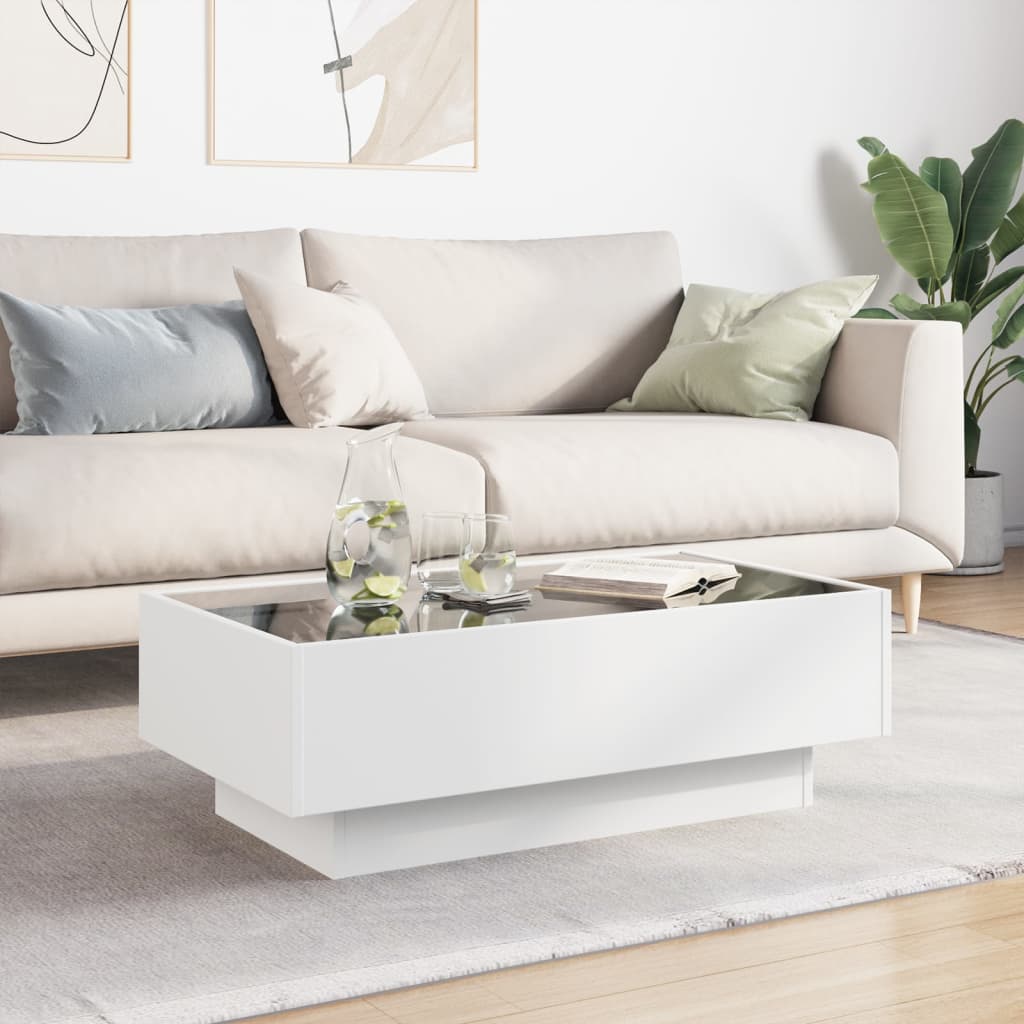 Tavolino Salotto con LED Bianco 90x50x30 cm Legno Multistrato