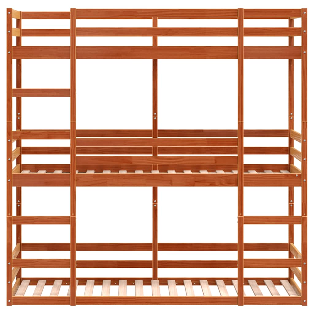 Letto Castello Triplo Marrone Cera 90x190cm Legno Massello Pino