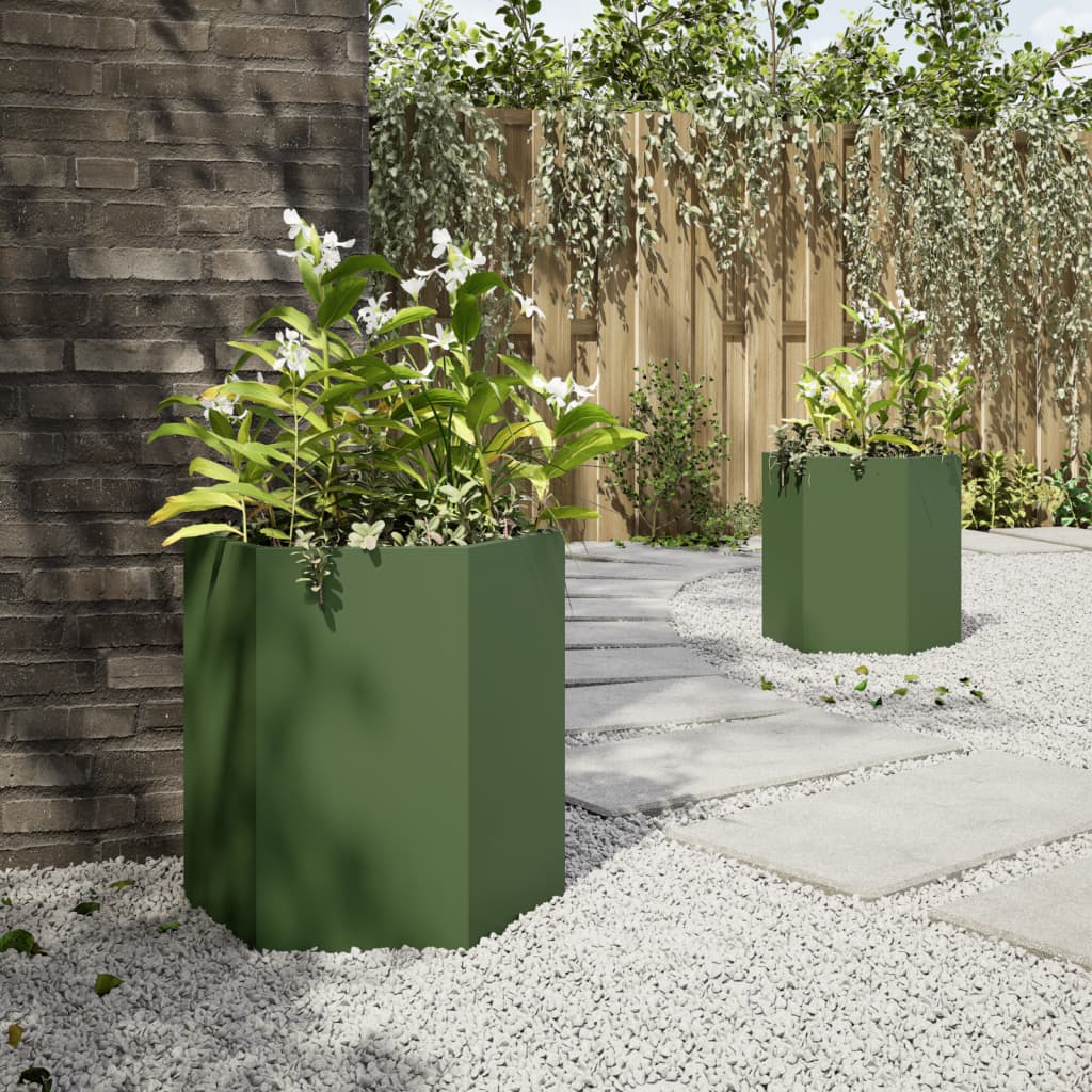 Fioriere da Giardino 2pz Verde Oliva Esagono 46x40x45cm Acciaio