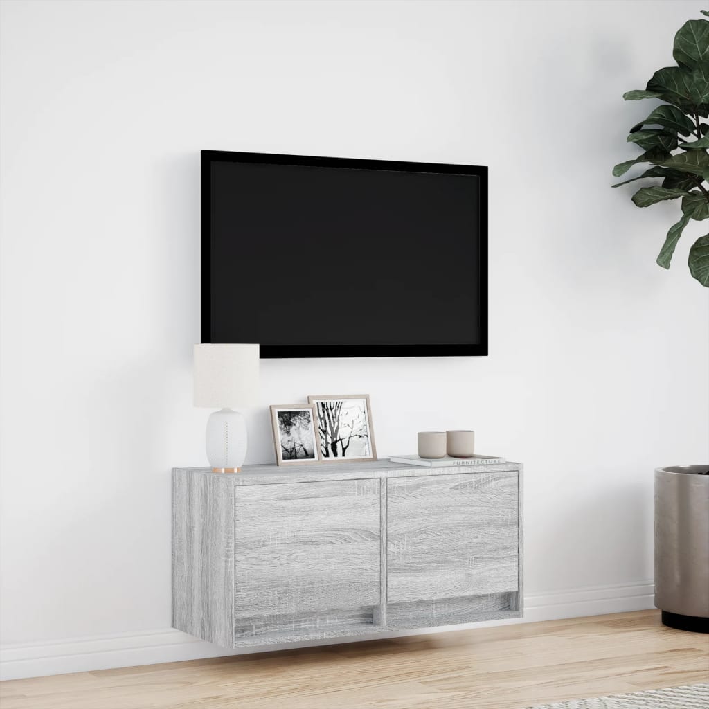 Mobile TV a Parete con Luci LED Grigio Sonoma 80x31x35 cm