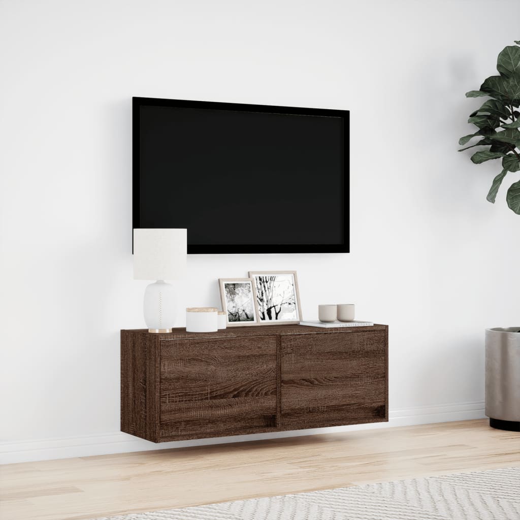 Mobile TV a Parete con Luci LED Rovere Marrone 100x31x35 cm