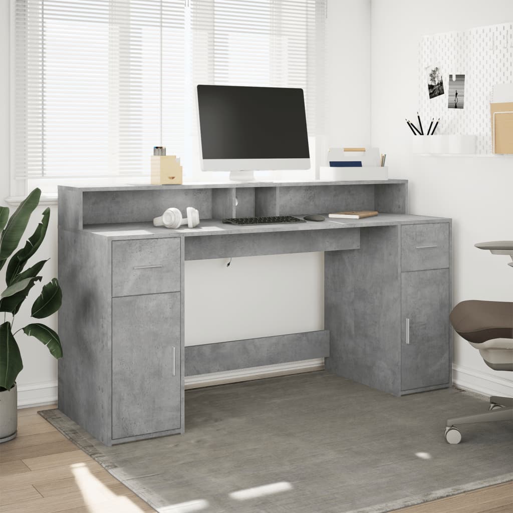 Scrivania con Luci LED Grigio Cemento 160x55x91 cm Multistrato