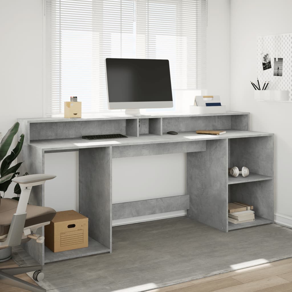 Scrivania con Luci LED Grigio Cemento 200x55x91 cm Truciolato