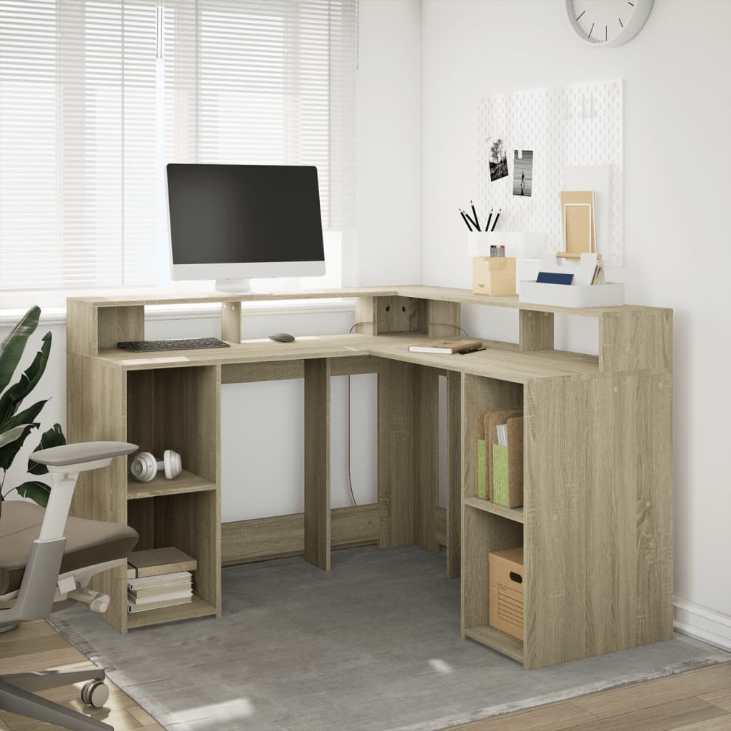 Scrivania con Luci LED Rovere Sonoma 130x130x91cm in Truciolato