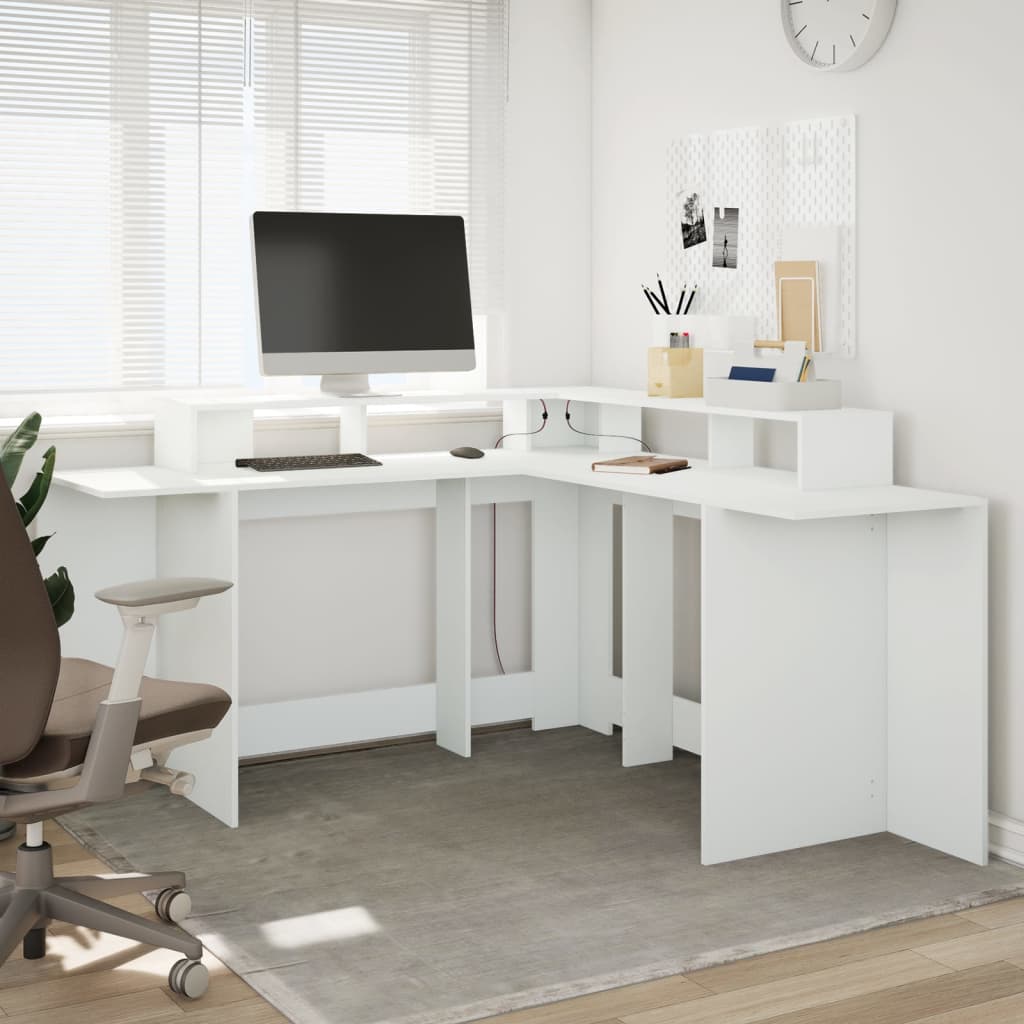 Scrivania con Luci LED Bianca 152x152x91 cm in Truciolato