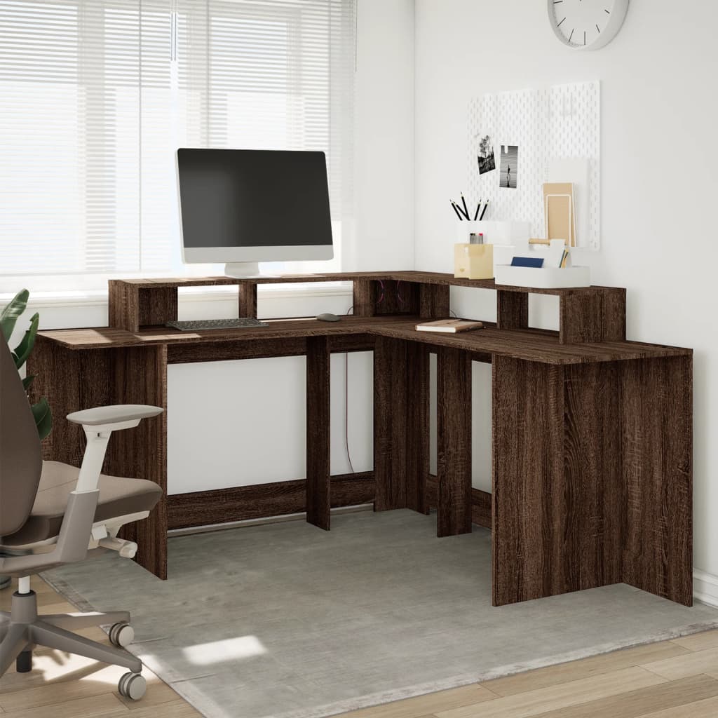 Scrivania con Luci LED Marrone Rovere 152x152x91 cm Truciolato