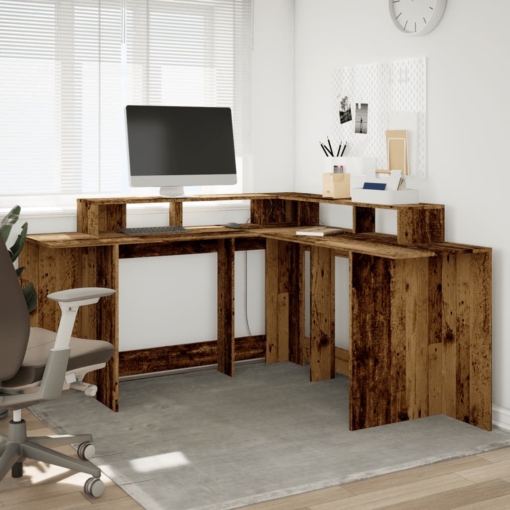 Scrivania con Luci LED Legno Antico 152x152x91 cm in Truciolato