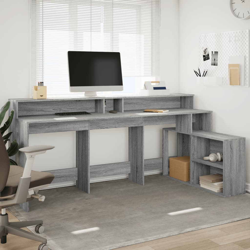 Scrivania con Luci LED Grigio Sonoma 200x104x91cm in Truciolato