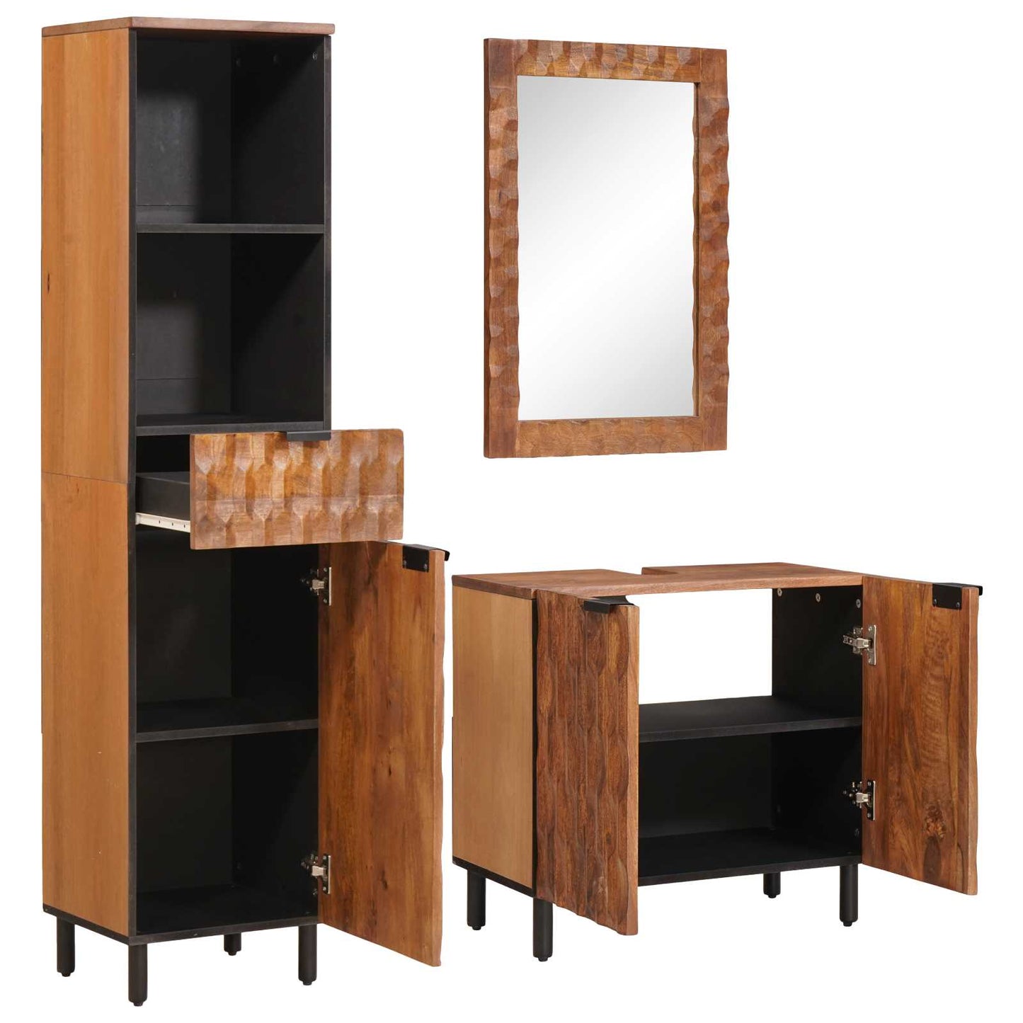 Set da Bagno con cassetto con porta 3 pcs Acacia Marrone Winish