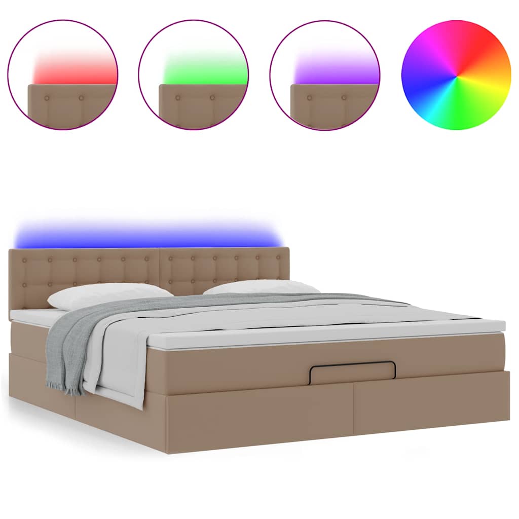 Pouf Letto con Materassi e LED Cappuccino 160x200cm Similpelle