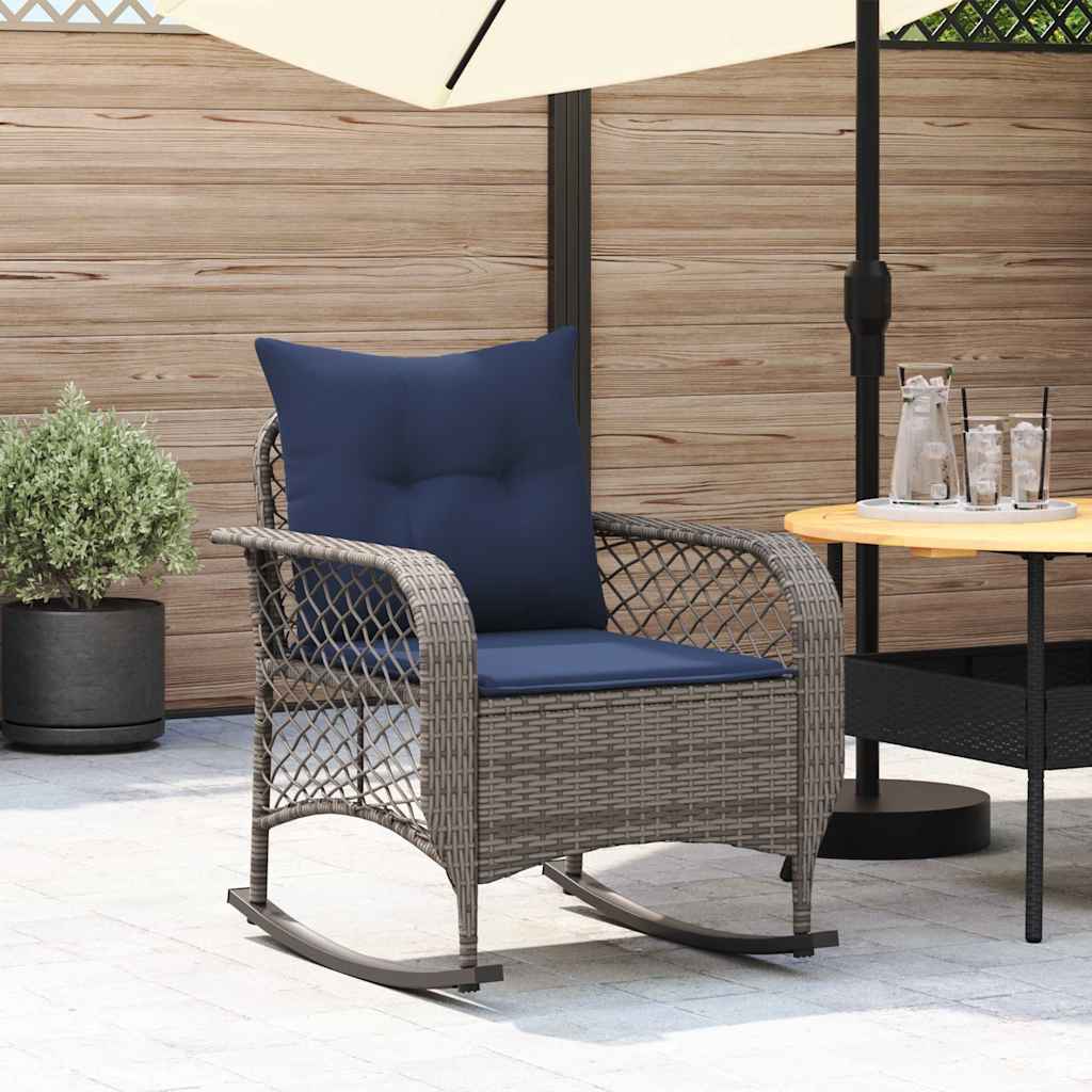 Sedia a Dondolo da Giardino con Cuscini in Polyrattan Grigio