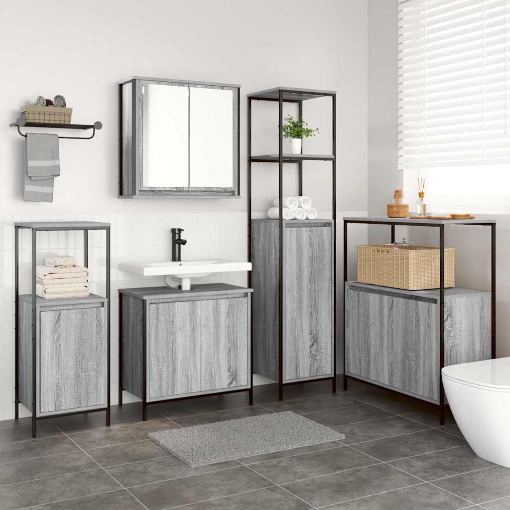Set di mobili per il bagno con porta 5 pcs Grigio Sonoma e Nero