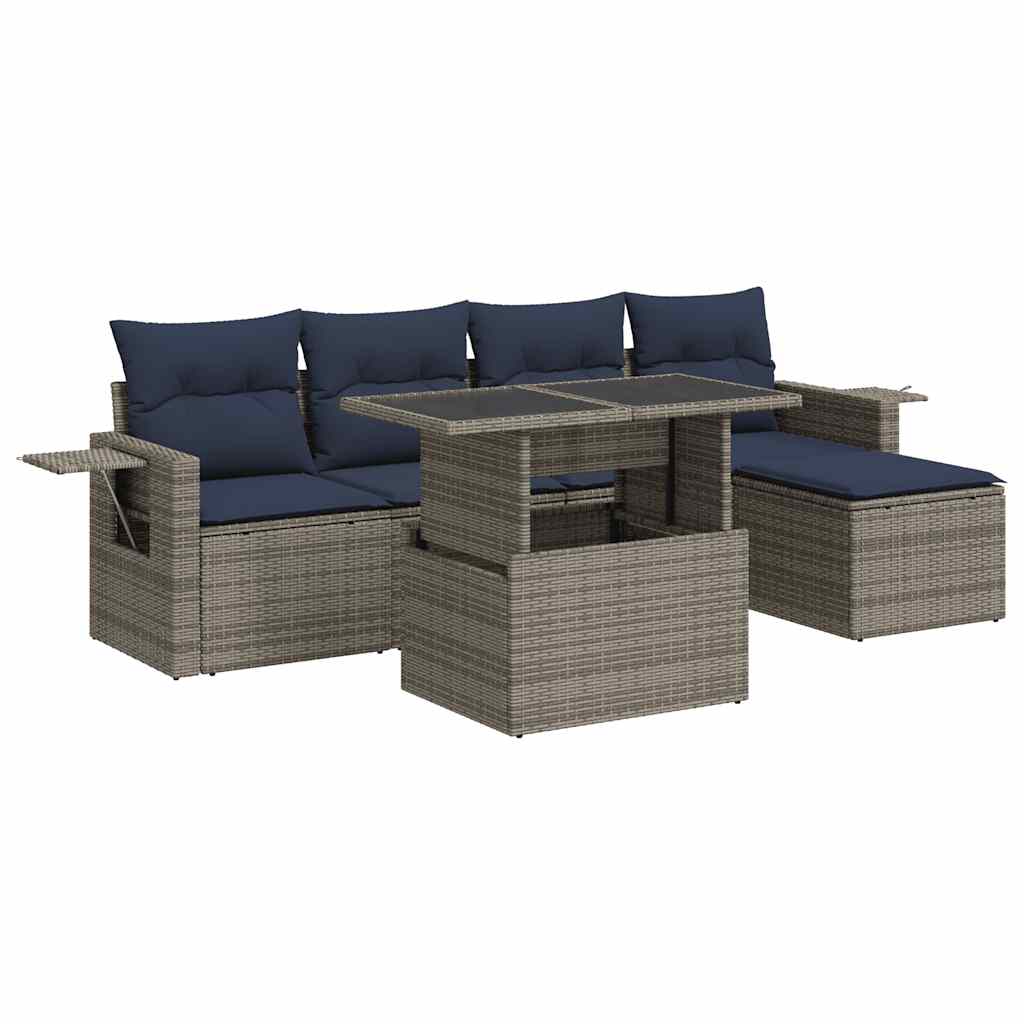 Set Divano da Giardino 6 pz con Cuscini Grigio Polyrattan Acacia