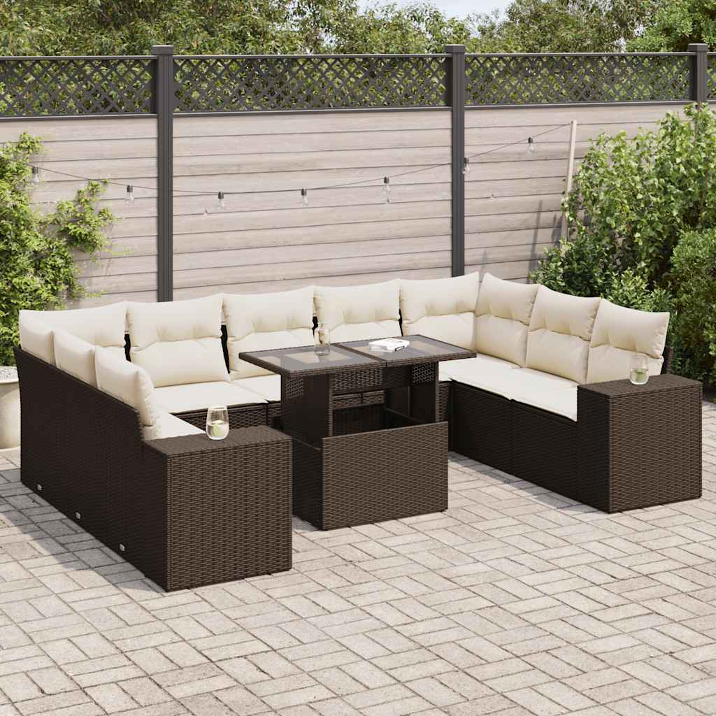 Set Divani da Giardino 10pz con Cuscini in Polyrattan Marrone