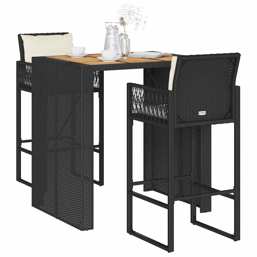 Set Bar da Giardino 3 pz con Cuscini Nero in Polyrattan Acacia